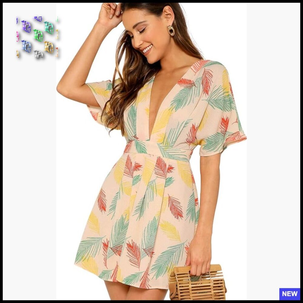 Tropical Floral Plunging V Neck Tie Backless Summer Mini Dress Boho Chic